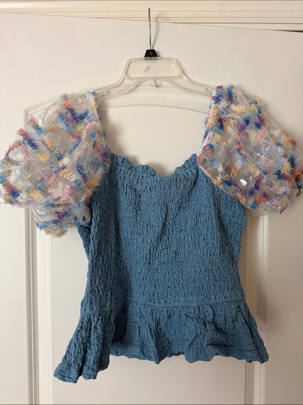 Blue Smocked Crop Top with Multicolor Puff Sleeves